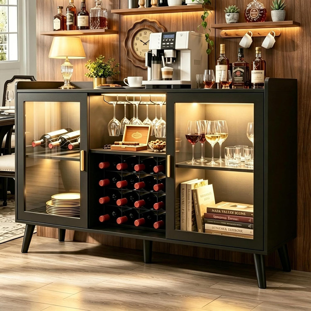 Gyfimoie Coffee Bar Cabinet with LED Light and Wine Rack