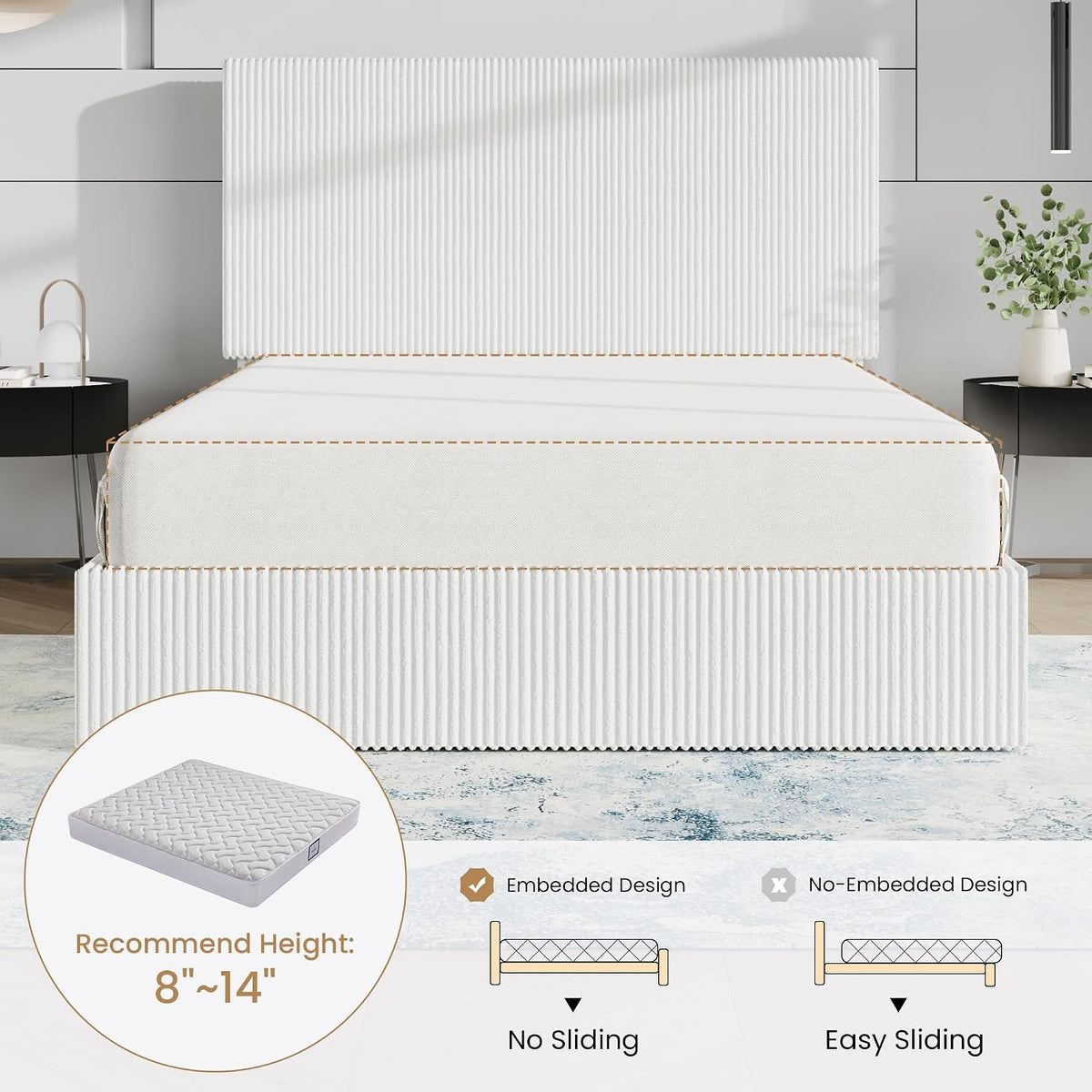 SHA CERLIN Queen Size Corduroy Bed Frame with Adjustable Headboard, White