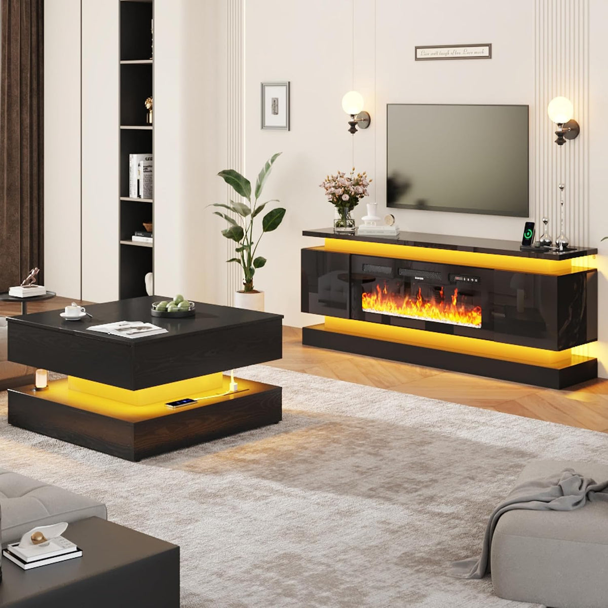35.4" Large Square Coffee Table with Lifting top,Charging Station,Modern 2-Tier Square Center Table w/Hidden Compartment Storage,Tea Table with Wood Grain for Living Room, Office,Black