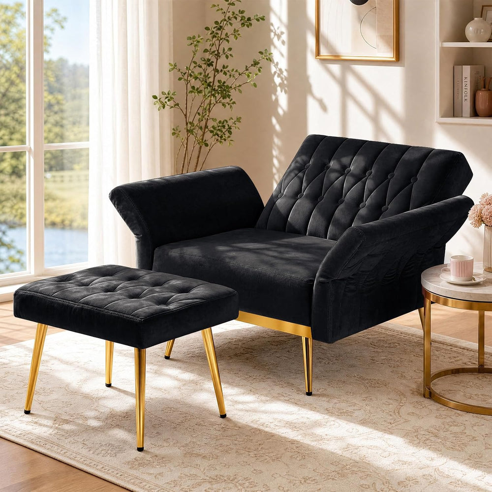 Velvet Accent Chair w/Ottoman & Adjustable Backrest, Black