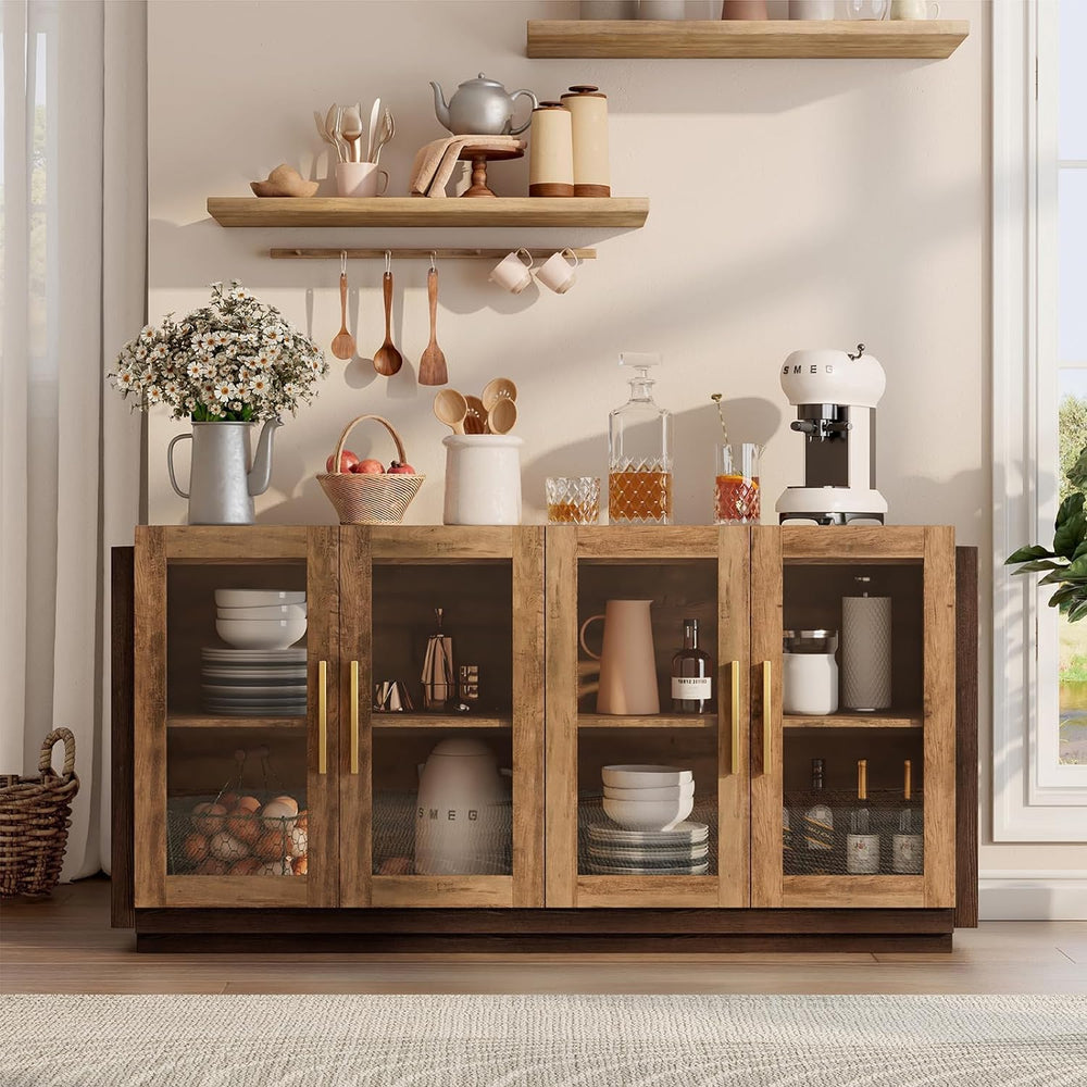 AMERLIFE Modern Sideboard Buffet Cabinet with Storage & Glass Doors, Brown