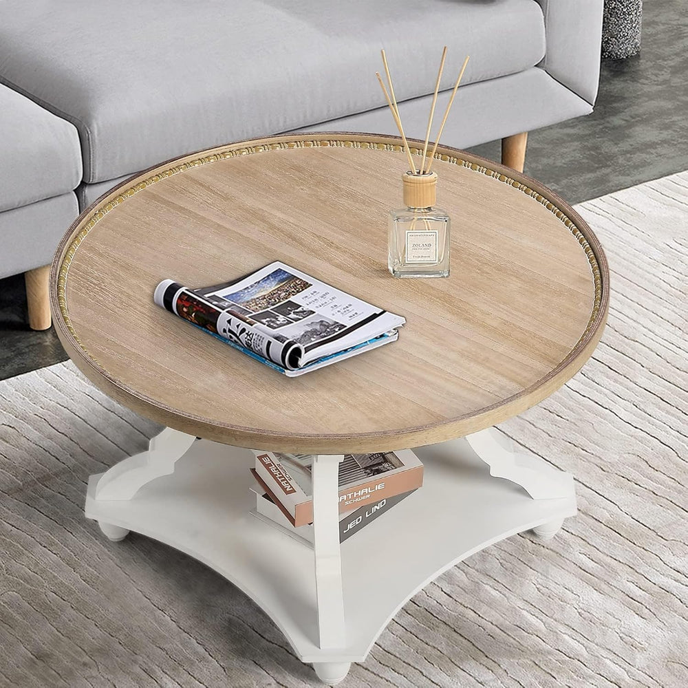 Wnutrees Farmhouse Round Coffee Table, Wood Tray Top with Storage Shelf
