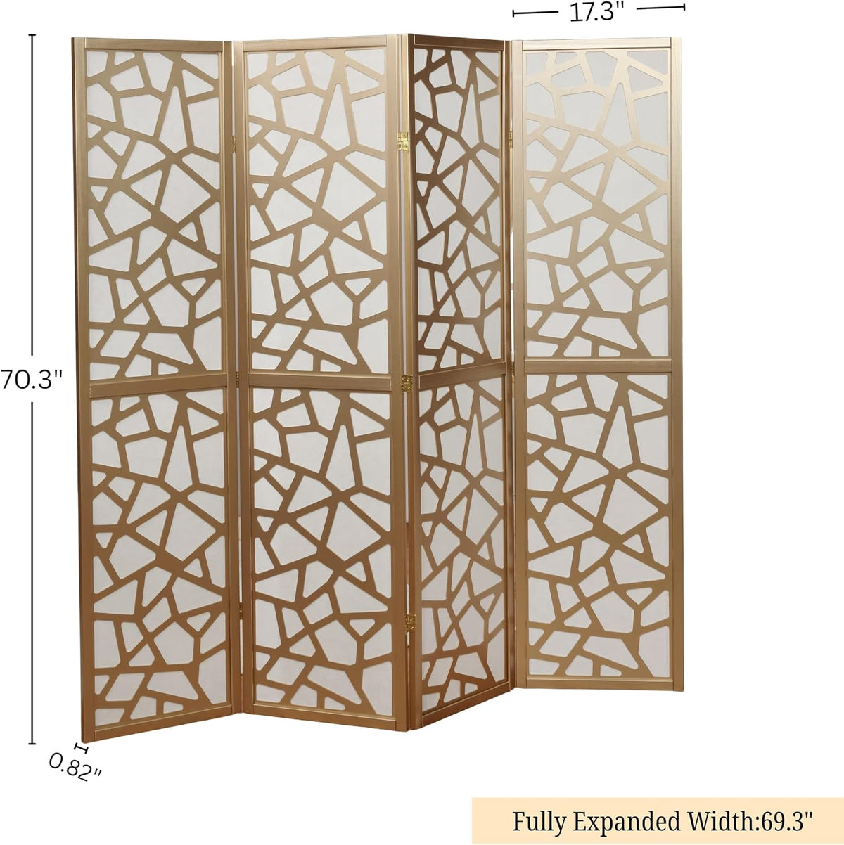Roundhill Furniture Giyano 4 Panel Screen Room Divider, White Screen with Gold Frame