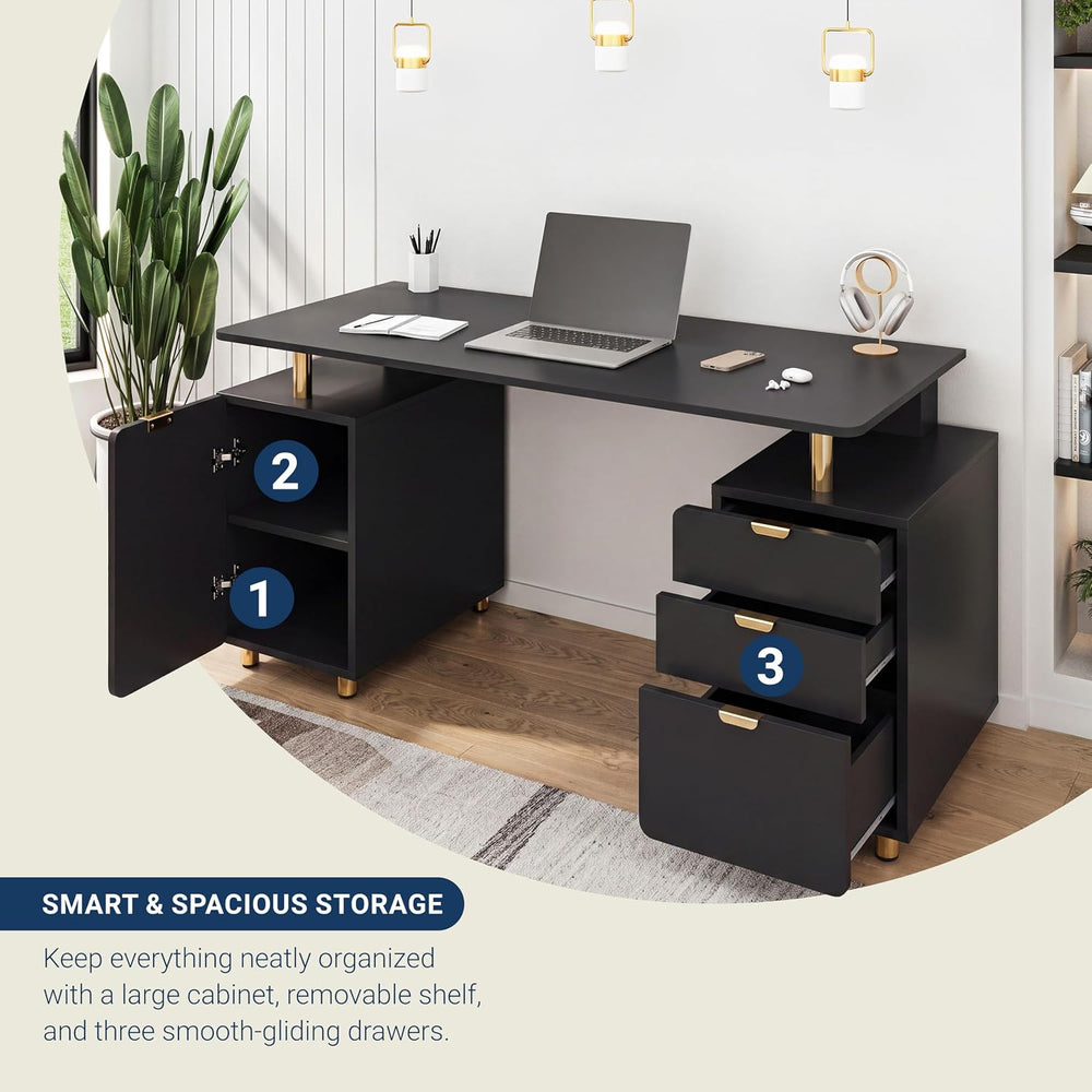 Techni Mobili 57"W Computer Desk w/ 3 Drawers & Storage Cabinet, Bla...
