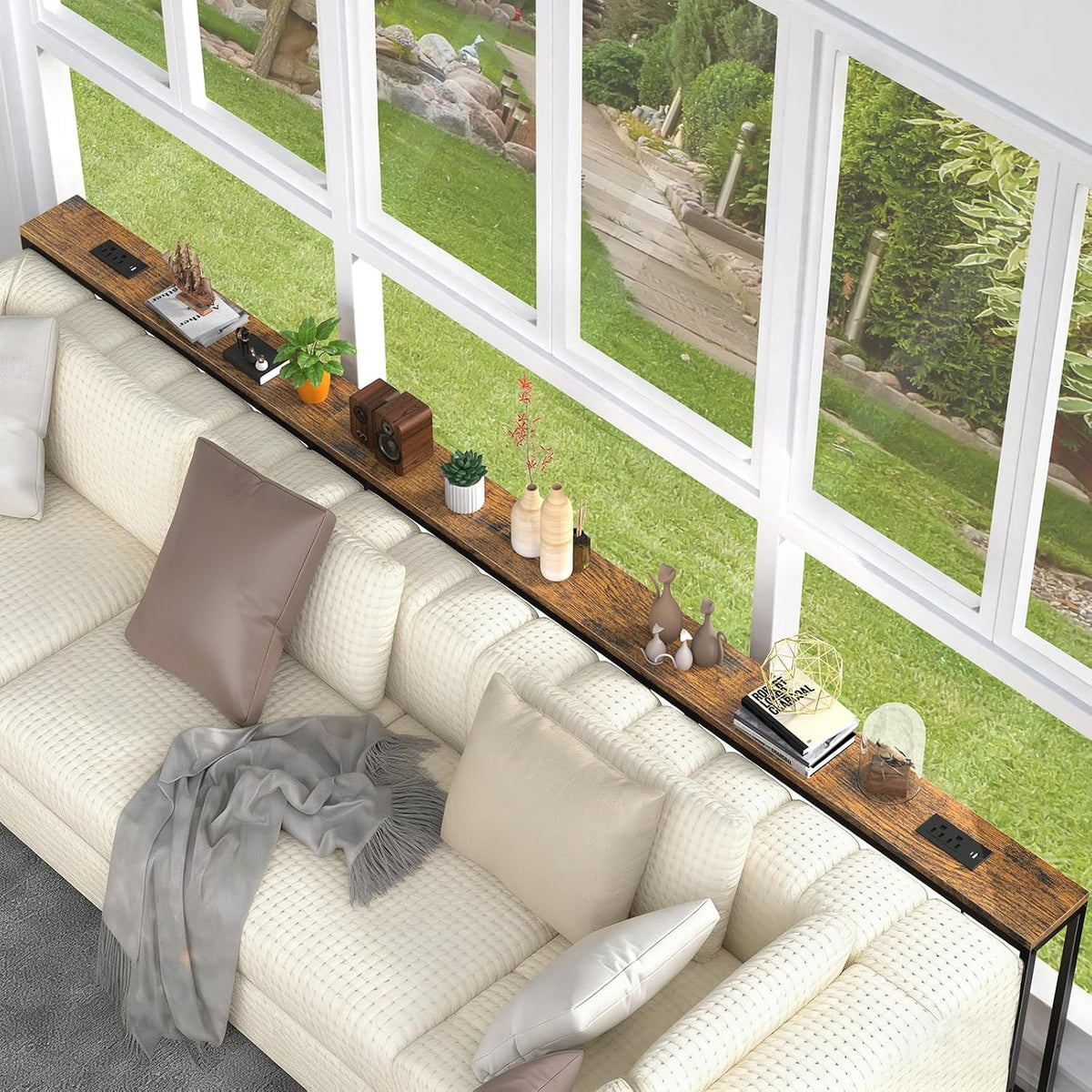 102 in Narrow Behind Couch Table with 2 Power Outlets,Rustic Brown | 2 USB-C Ports ,Sofa Tables Narrow Long ,Small Space Furniture ,Slim Console Table for Entryway & Small Spaces