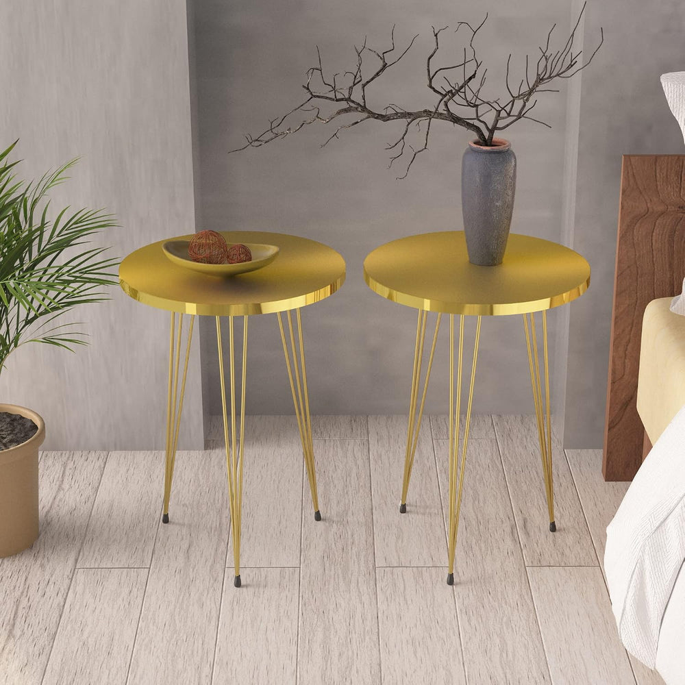 Set of 2 High Gloss Gold End Tables Round Wood Sofa Side Coffee Tables for Sm...