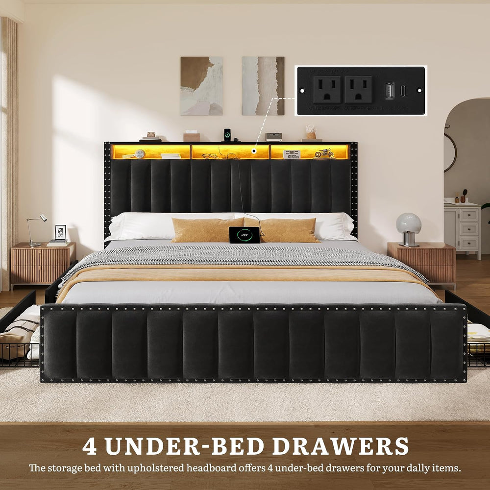 YITAHOME King Size Bed Frame with 4 Storage Drawers, RGB LED Light, Black