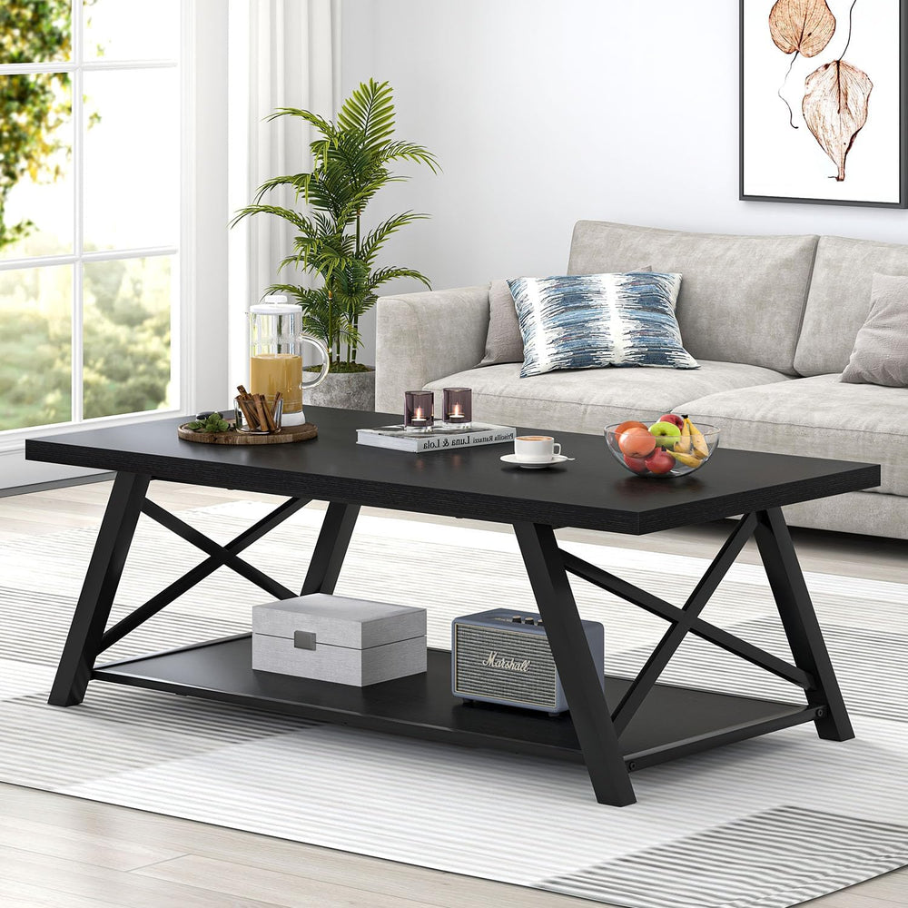 EXCEFUR Black Coffee Table, Modern Wood and Metal Center Table with Storage S...