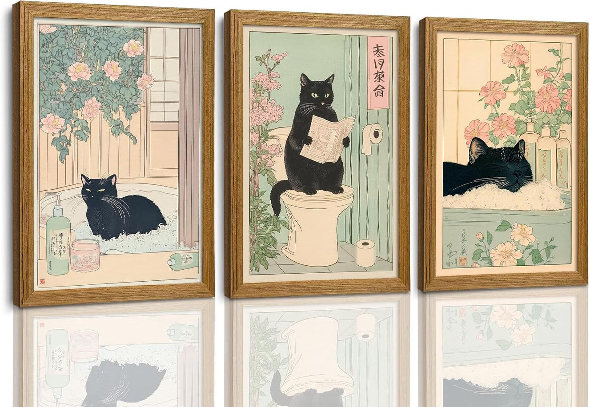 KISSFOX Framed Japanese Bathroom Wall Art Funny Cat Spa Pictures Wall Decor