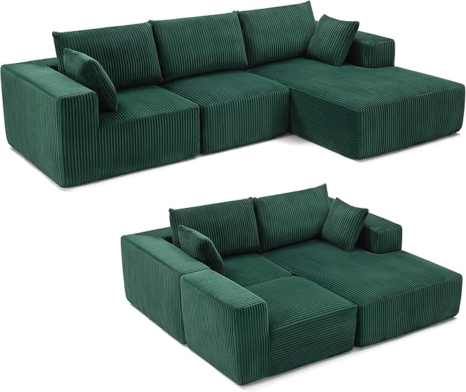 108” Modular Sectional Sofa, Cloud Sectional Couch with Deep Seat, Modern Modular L-Shape Sofa with Chaise,Upholstered Couches for Living Room Bedroom (Corduroy, Green)