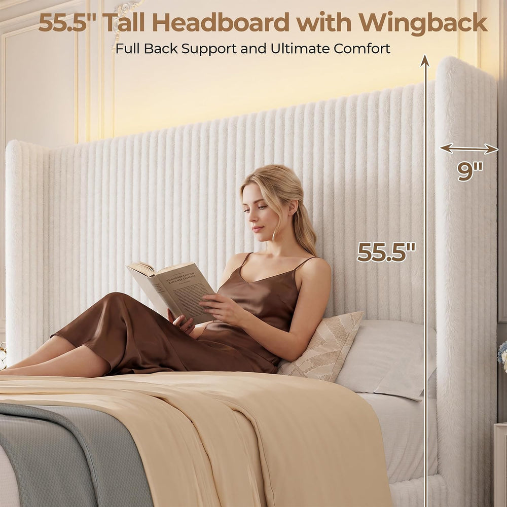 King Size 55" Tall Upholstered Bed Frame with Wingback Headboard