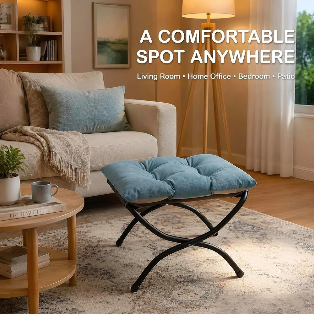 15" Upholstered Folding Foot Rest Stool with Foldable Metal Frame Blue