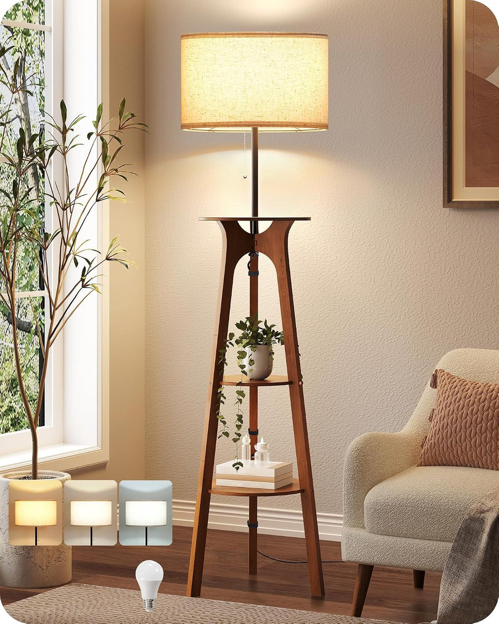 Floor Lamp for Living Room, Standing Lamp with 3 Shelves