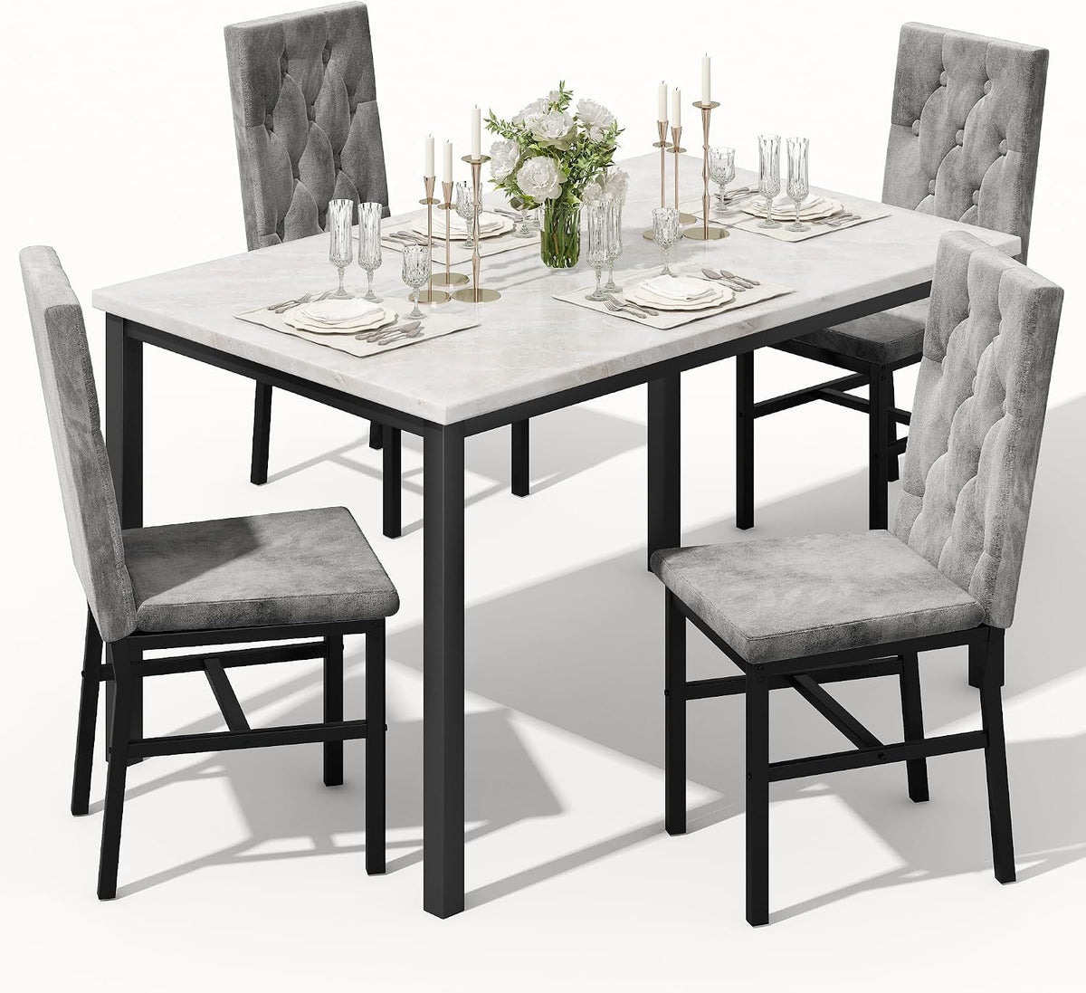 Hooseng Dining Table Set for 4, Faux Marble Small Kitchen Table Chairs Set of 4 with Luxurious Button Tufted Dinner Chairs for Kitchen and Dining (Beige)