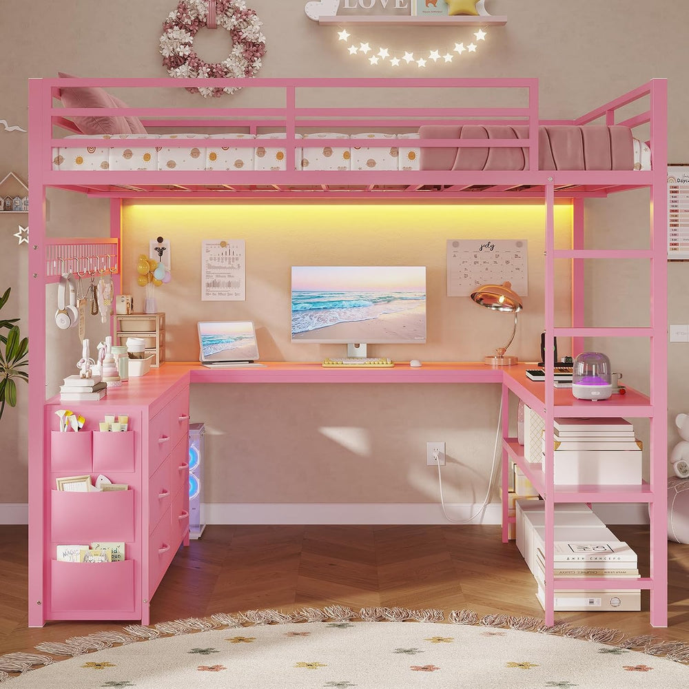 ADORNEVE Loft Bed Full Size with U-Shaped Desk, 6 Storage Drawers, Pink
