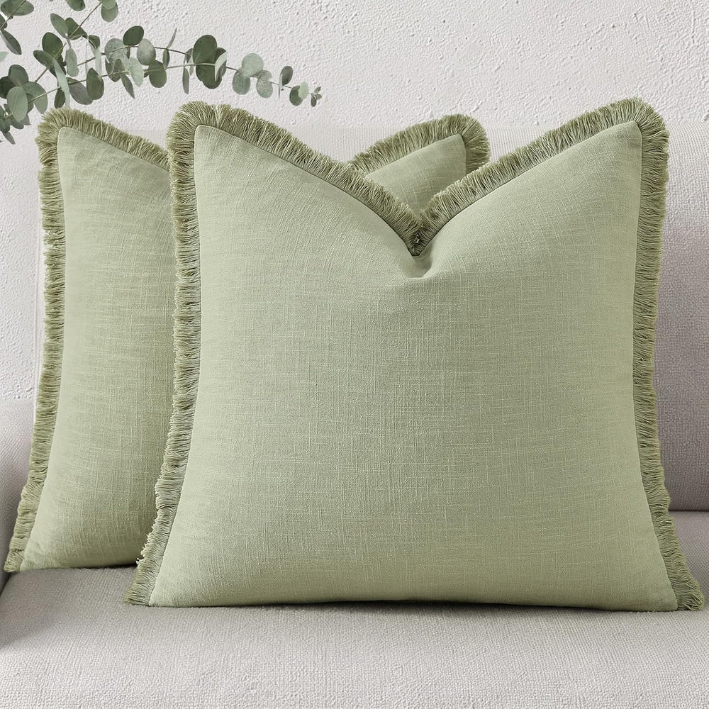 decorUhome Linen Fringe Sage Green Throw Pillow Covers 20x20 Set of 2
