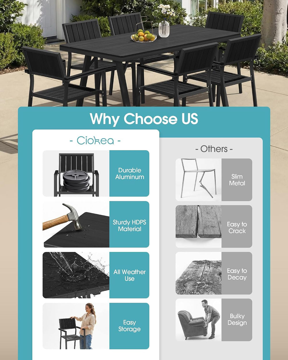 Aluminum Outdoor Dining Set of 6, Patio Table and Stackable Chairs, Black