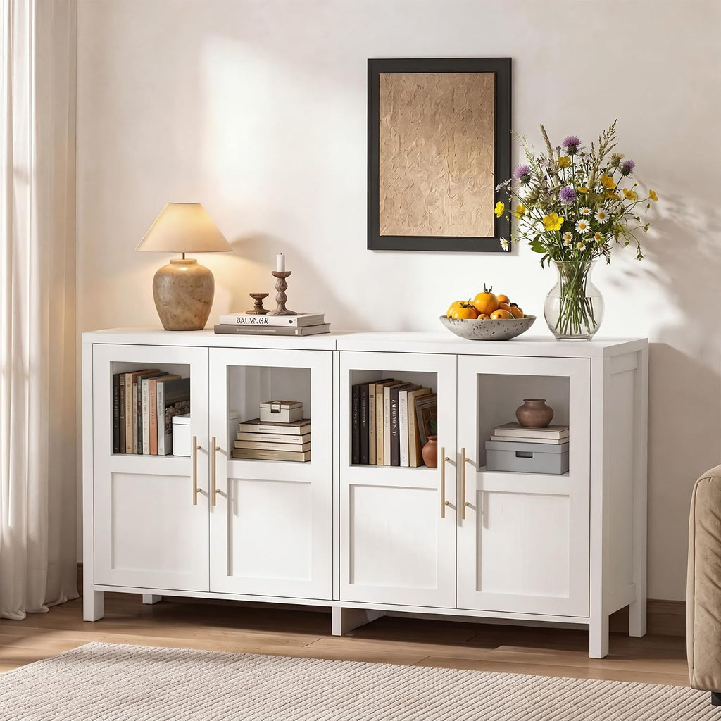 55" Sideboard Cabinet with Glass Doors, Large Buffet Cabinet with Storage and Shelves, Modern Accent Console Table for Dining Room Living Room Entryway (White a)