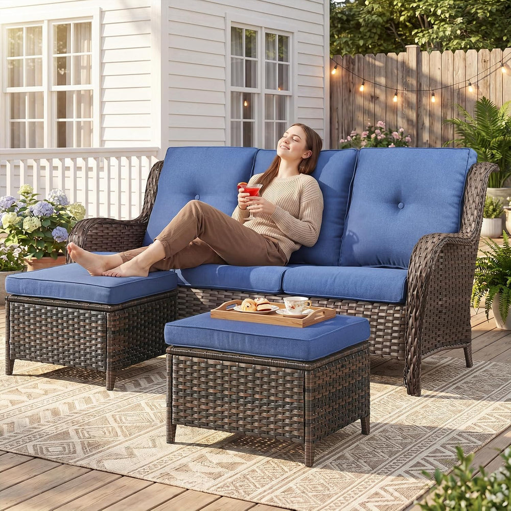 Belord 3-Piece PE Wicker Outdoor Sofa with 2 Ottomans, Luxury Patio Couch Con...