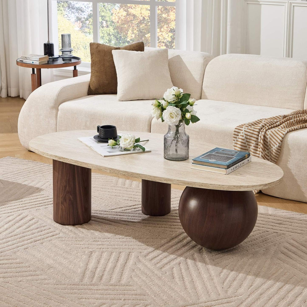 55'' Modern Oval Wood Coffee Table for Living Room, 3 Walnut Accent Legs