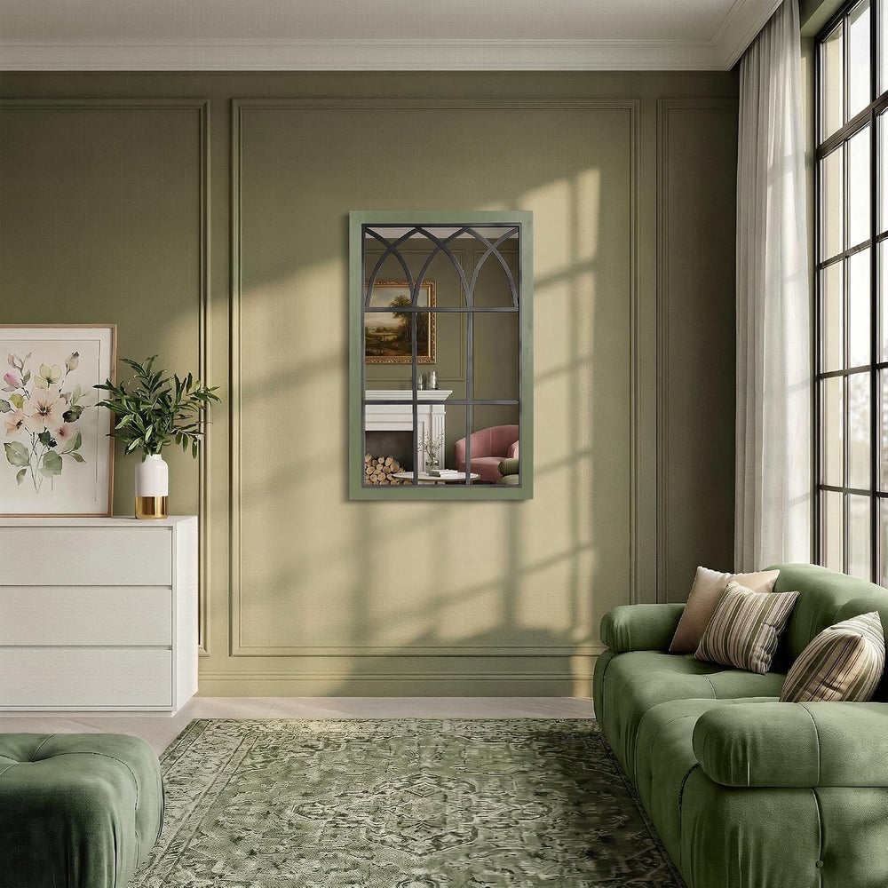 Retro Green Window Mirror for Wall Decor, Wood Frame Decorative Wall Mirror