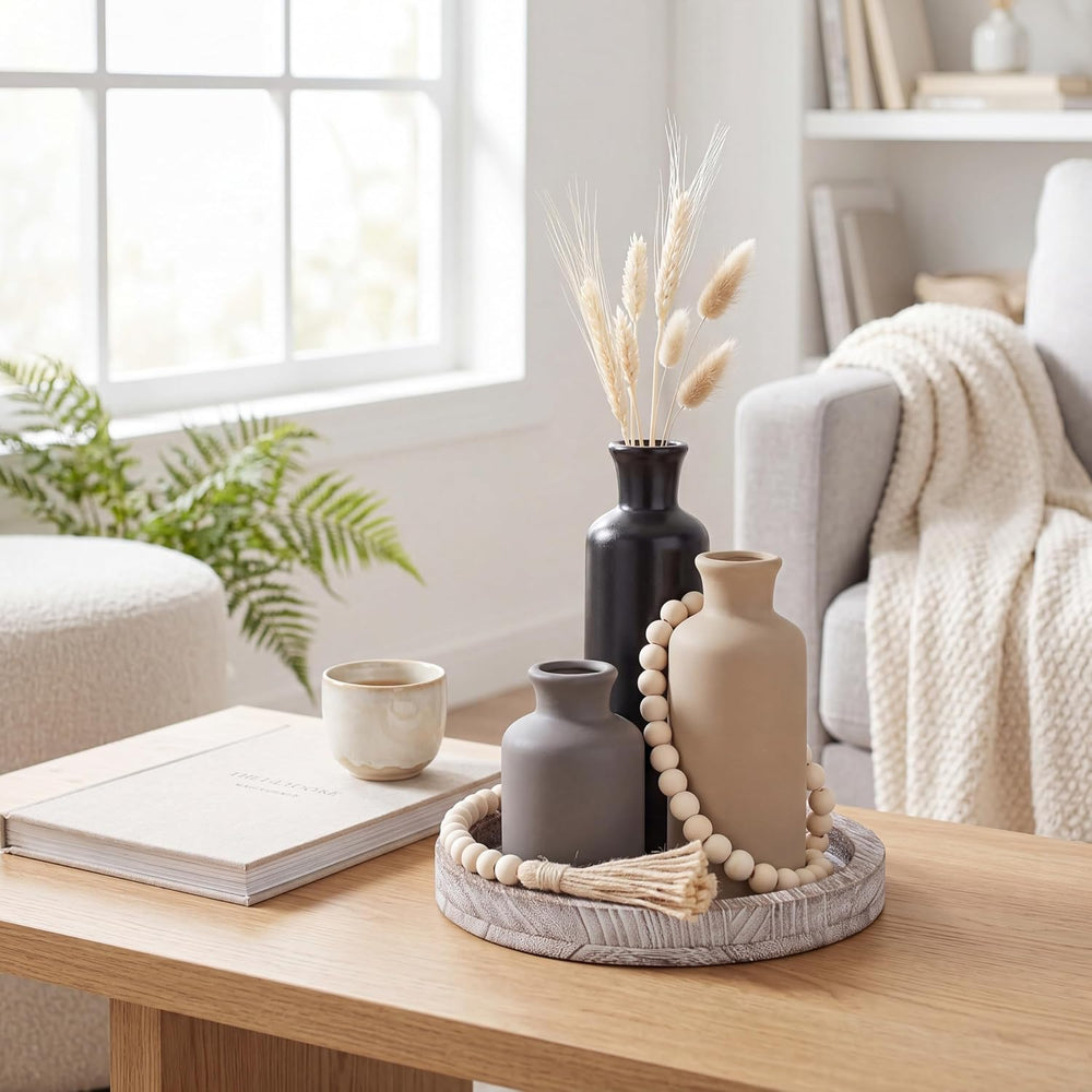 5 Pcs Farmhouse Table Decor, Dark Color, Whitewashed Grey Tray
