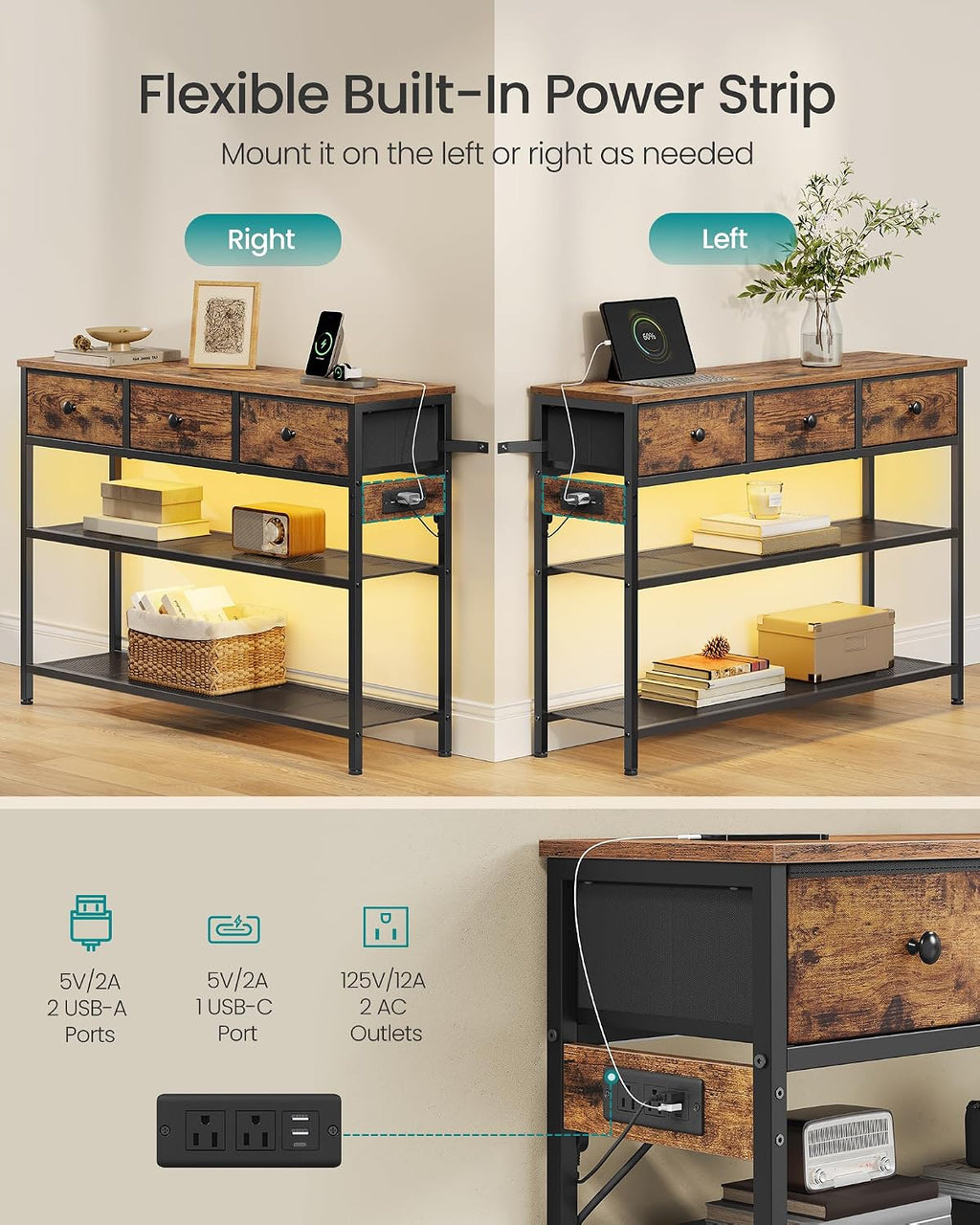 SONGMICS Console Table with Charging Station, Narrow Sofa Table with LED Lighting, for Entryway, Living Room, 11.8 x 38.9 x 31 Inches, 3 Fabric Drawers, Rustic Brown, BELLAH Collection ULGS198K101