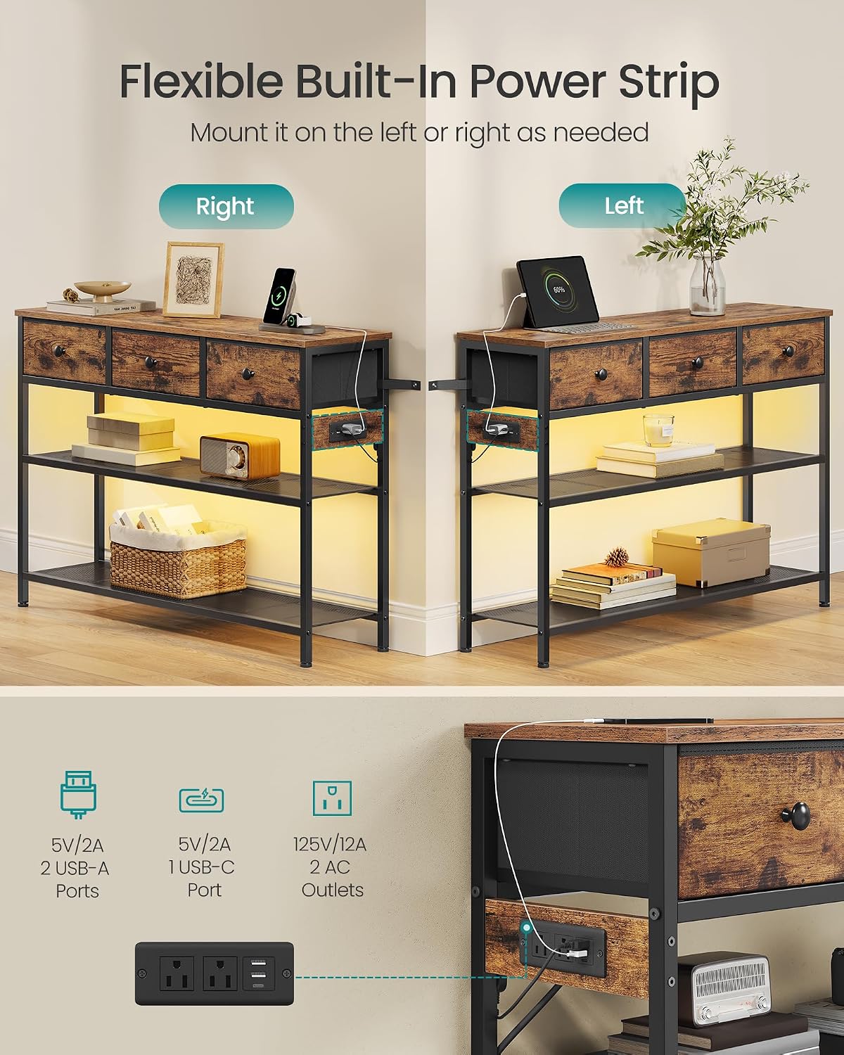 SONGMICS Console Table with Charging Station, Narrow Sofa Table with LED Lighting, for Entryway, Living Room, 11.8 x 38.9 x 31 Inches, 3 Fabric Drawers, Rustic Brown, BELLAH Collection ULGS198K101