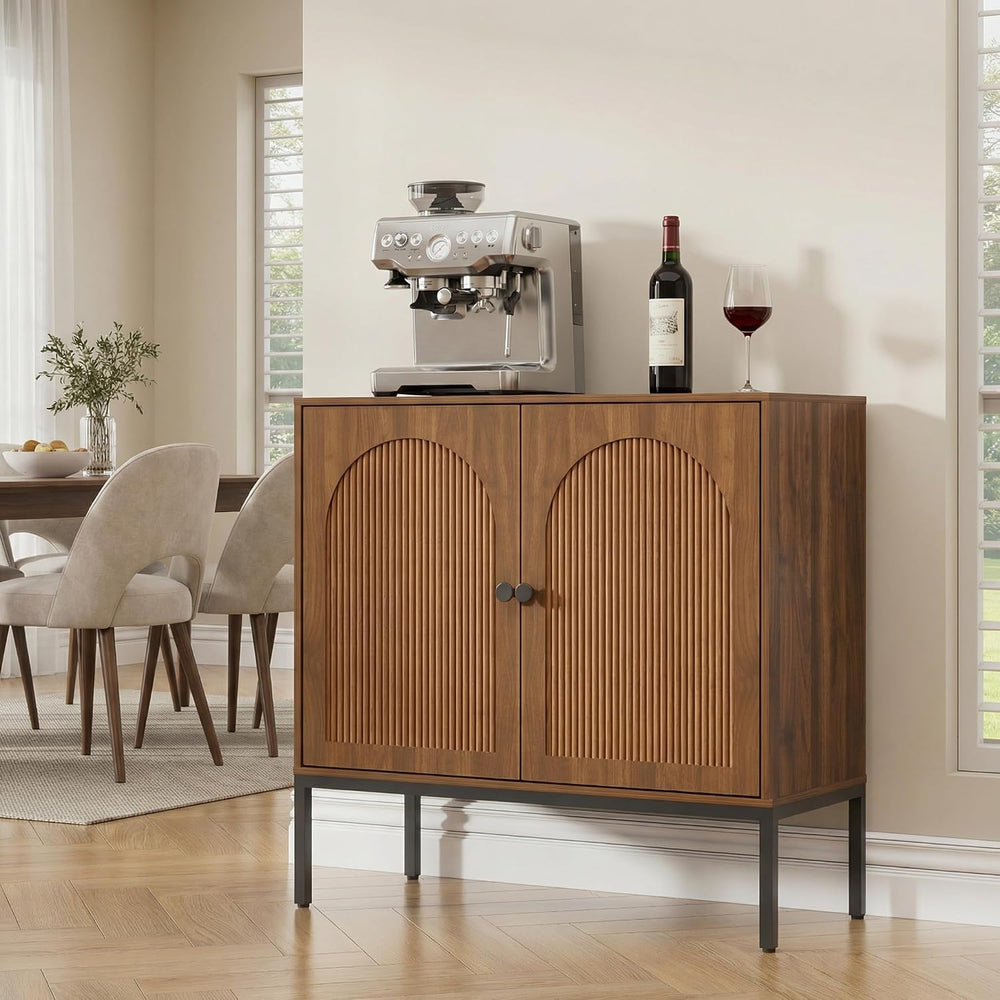 Yechen Modern Fluted Sideboard Buffet Cabinet with Storage, Walnut