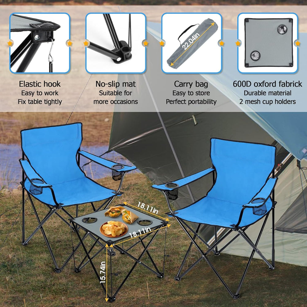 HaSteeL Folding Camping Chair Set of 3, Foldable Blue Camp Chairs & Grey ...