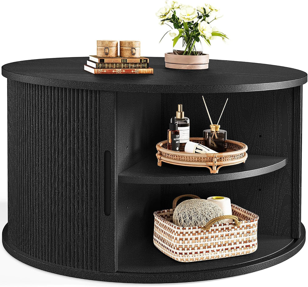 LINSY HOME Round Coffee Table, 31.5" Drum Coffee Table with Sliding Tamb...