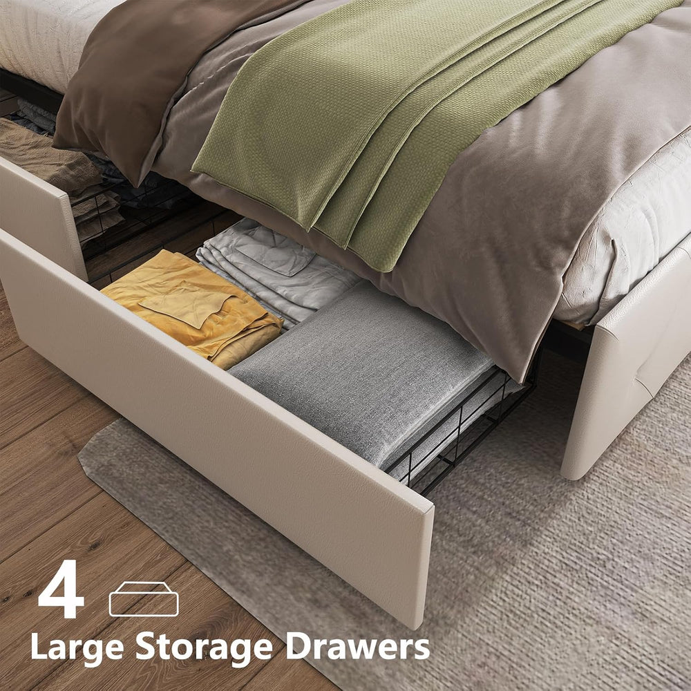 Benevika Full Size Bed Frame with 4 Drawers and LED Light, Charge Station, PU...