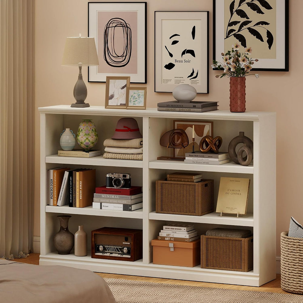 64" W Double Wide Open Shelf Bookcase, 3 Tiers 6 Storage Cube Book Shelf