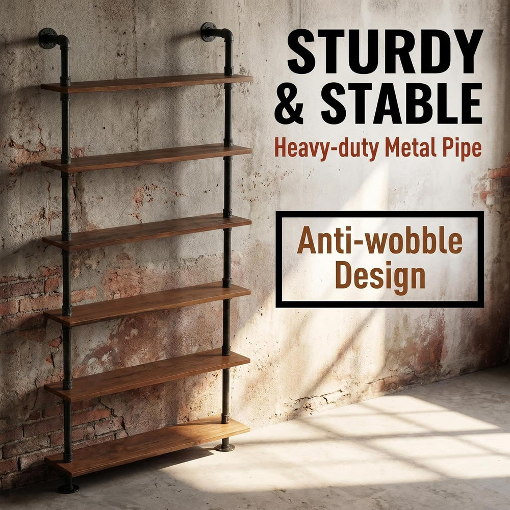 Industrial Pipe Bookshelf, 6 Layer Rustic Modern Wood Ladder Shelf with Metal...