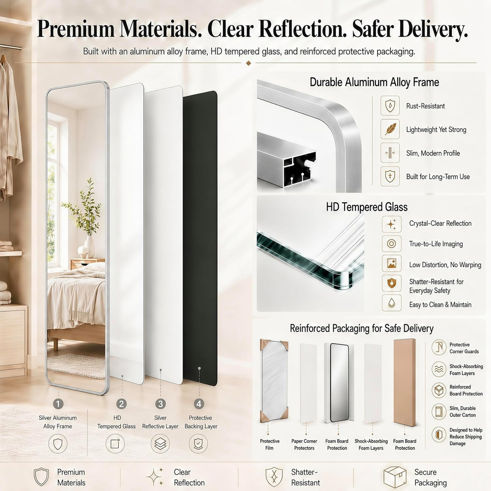 47x14" Full Length Mirror Over the Door Hang or Wall Mounted Silver