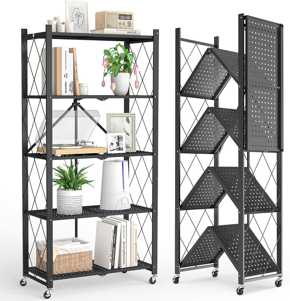 5-Tier Folding Metal Storage Rack - 63" Heavy-Duty Steel Frame with Whee...