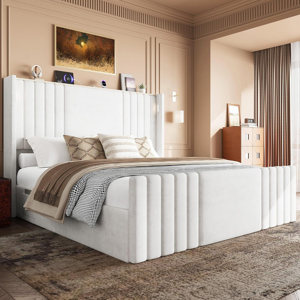 55" Tall Queen Size Platform Bed Frame with 2 Reading Lights, Cream