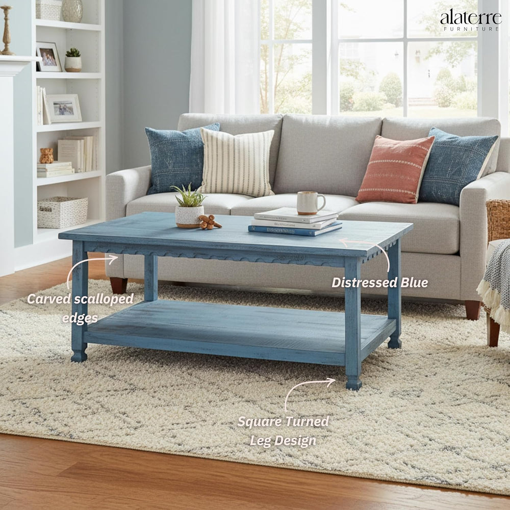 Alaterre Country Cottage Solid Wood Coffee Table, Blue Antique, 42 Inch