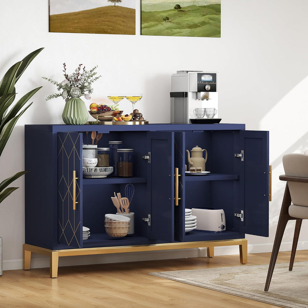 47.8" Storage Accent Cabinet with 4 Doors, Modern Sideboard Buffet Cabinet with Gold Lines, Wood Decorative Credenza with Storage for Living Room, Kitchen, Dining Room, Entryway, Blue