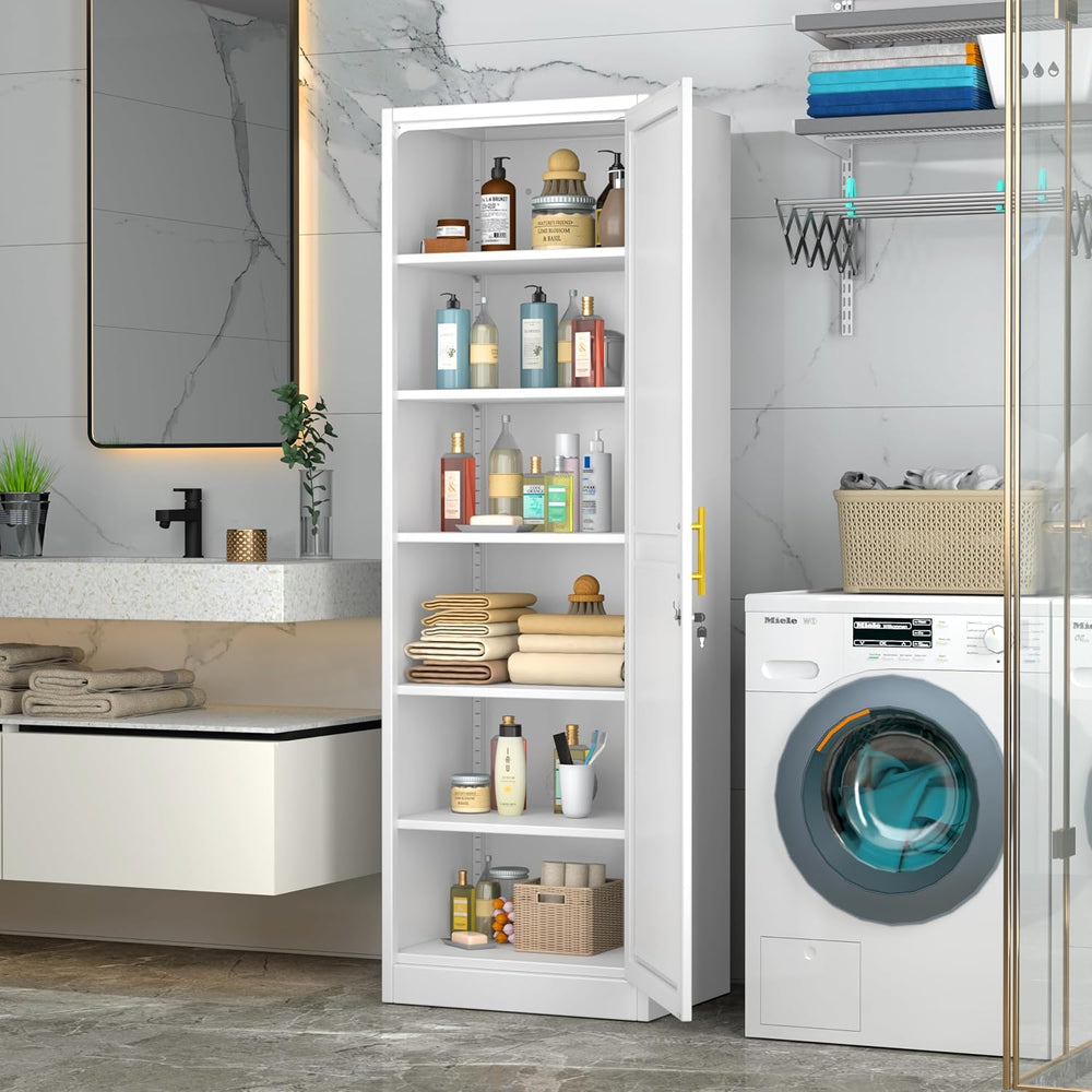 Tall Metal Narrow Bathroom Storage Locker Cabinet 67" H, White Kitchen P...