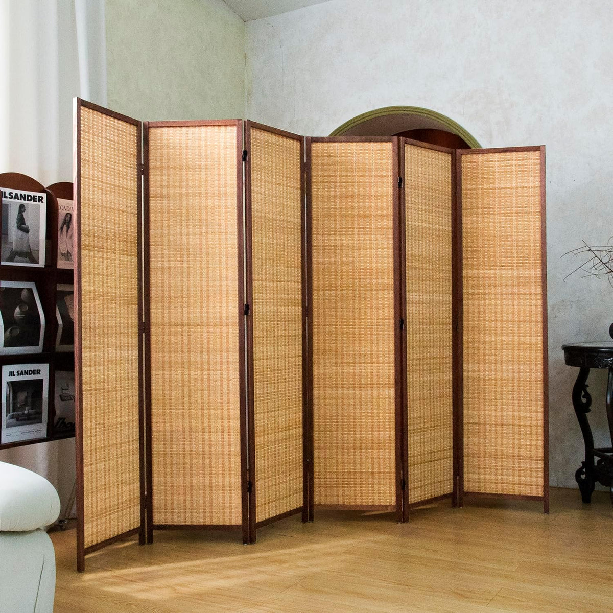 6 Panel Bamboo Room Divider Screen,5.6 FT Tall Bamboo Divider Folding Panel Screen,Freestanding Panel Divider for Room Seperation,Brown