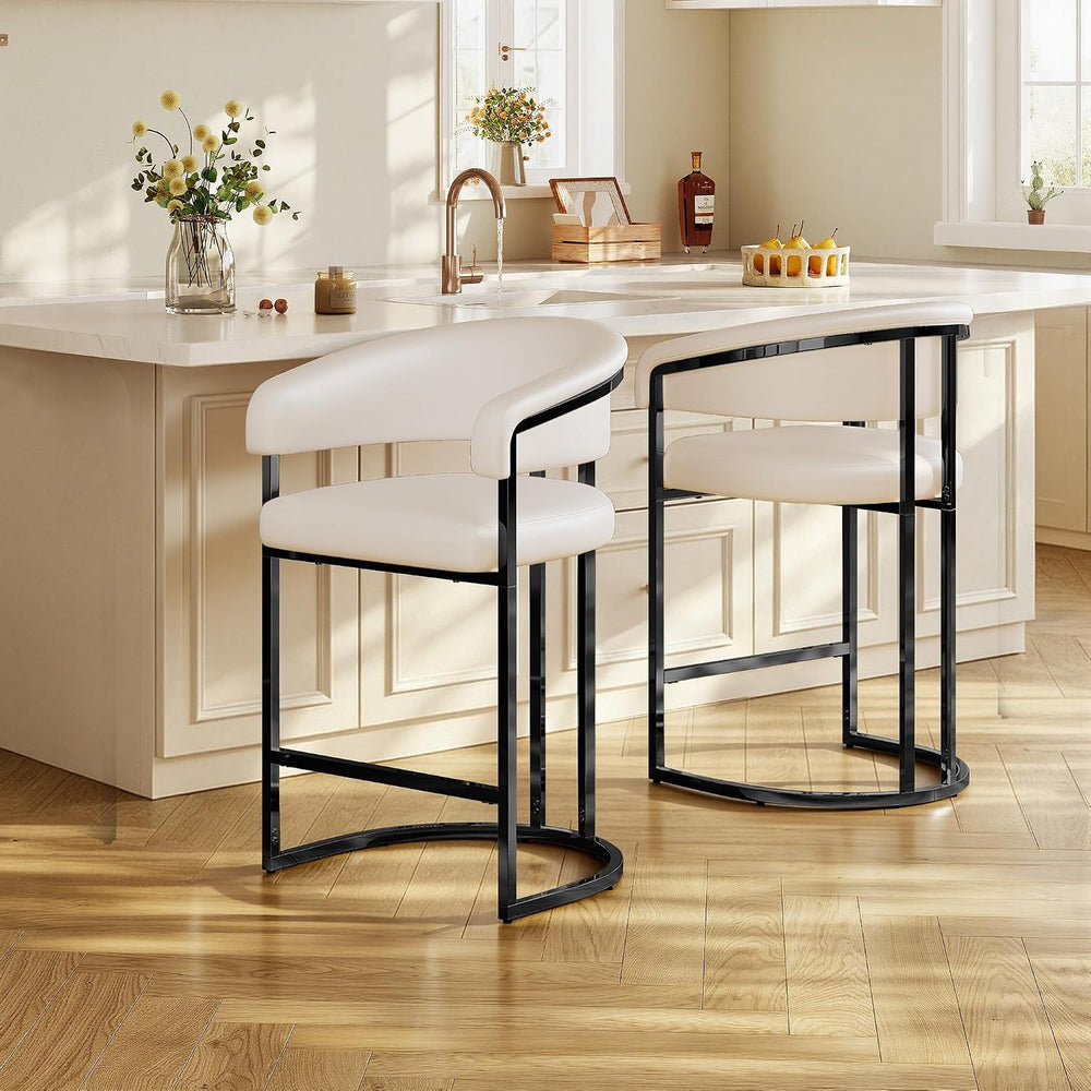 Modern Counter Height Bar Stools Set of 2,PU Leather Upholstered Barrel Barst...