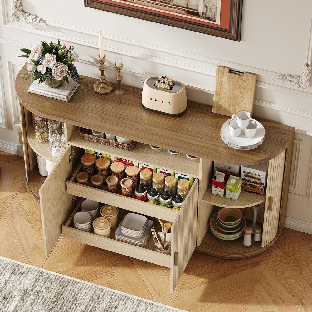 ONBRILL 63"Sideboard Buffet Cabinet with Storage,Modern Fluted Credenza,Oak