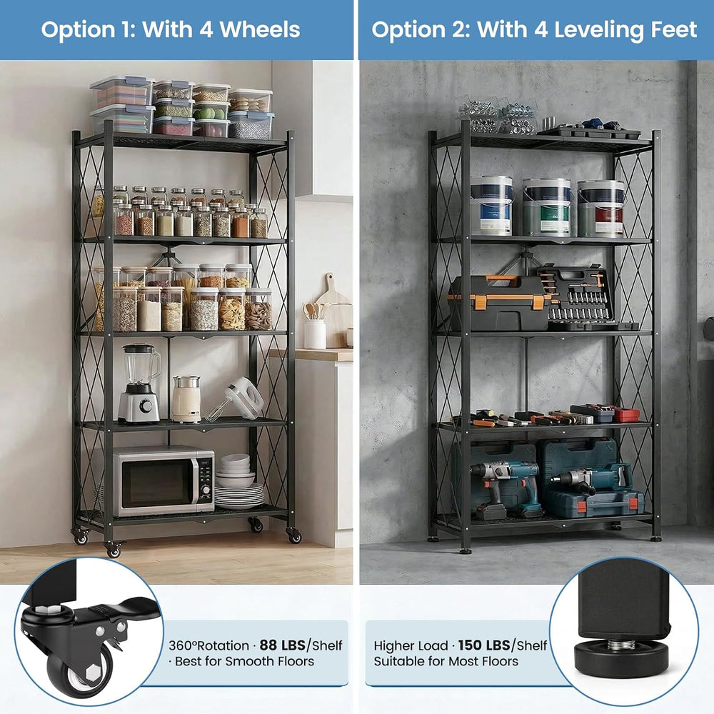 ALANNG 70.7" H Metal Storage Shelves, 5 Tier Folding Shelf on Wheels