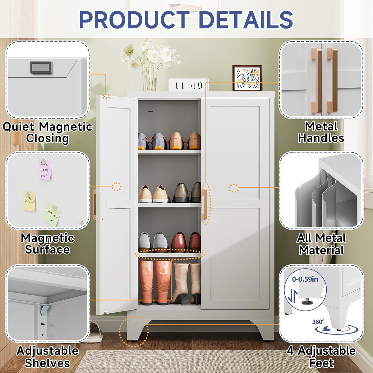 46.06" White Metal Storage Cabinet, 2 Door Adjustable Shelves Freestanding Pantry Cabinet (White, 11.81" D x 23.62" W x 46.06" H)