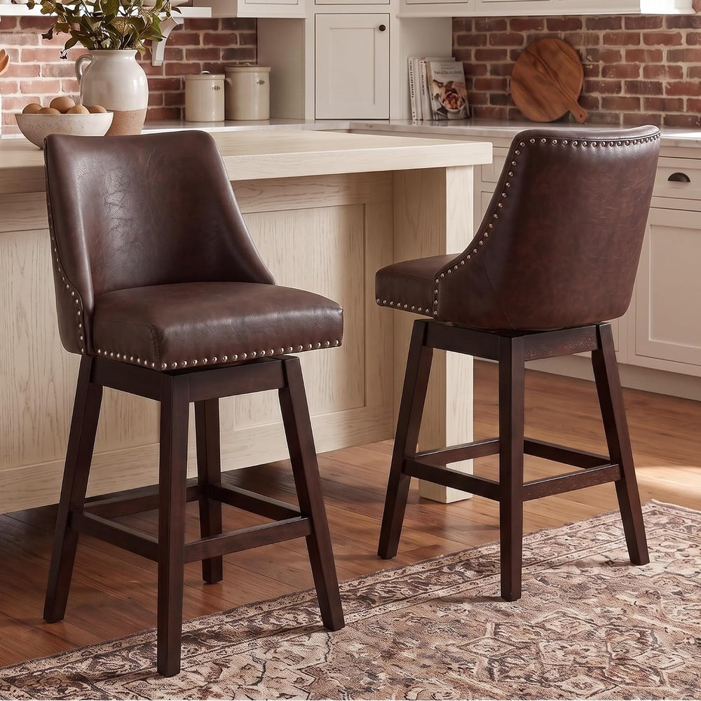27.5" Bar Stools Set of 2, Faux Leather Mid Century Modern Swivel Counte...
