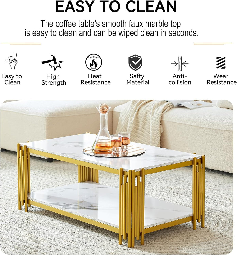 3 Pieces Living Room Table Set, White Faux Marble Coffee Table Set of 3, Mode...