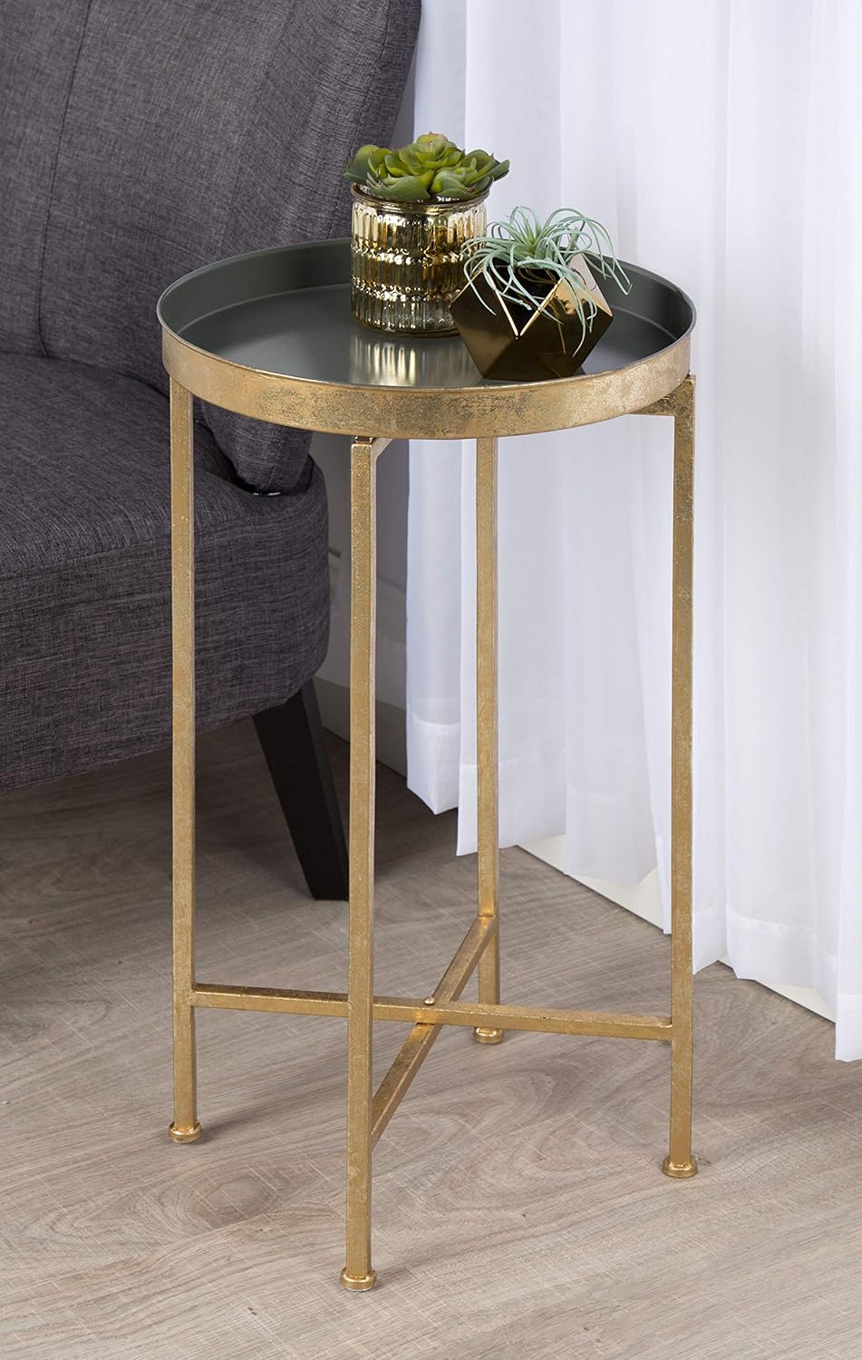 Kate and Laurel Celia Round Metal Foldable Tray Accent Table, Gray with Gold ...