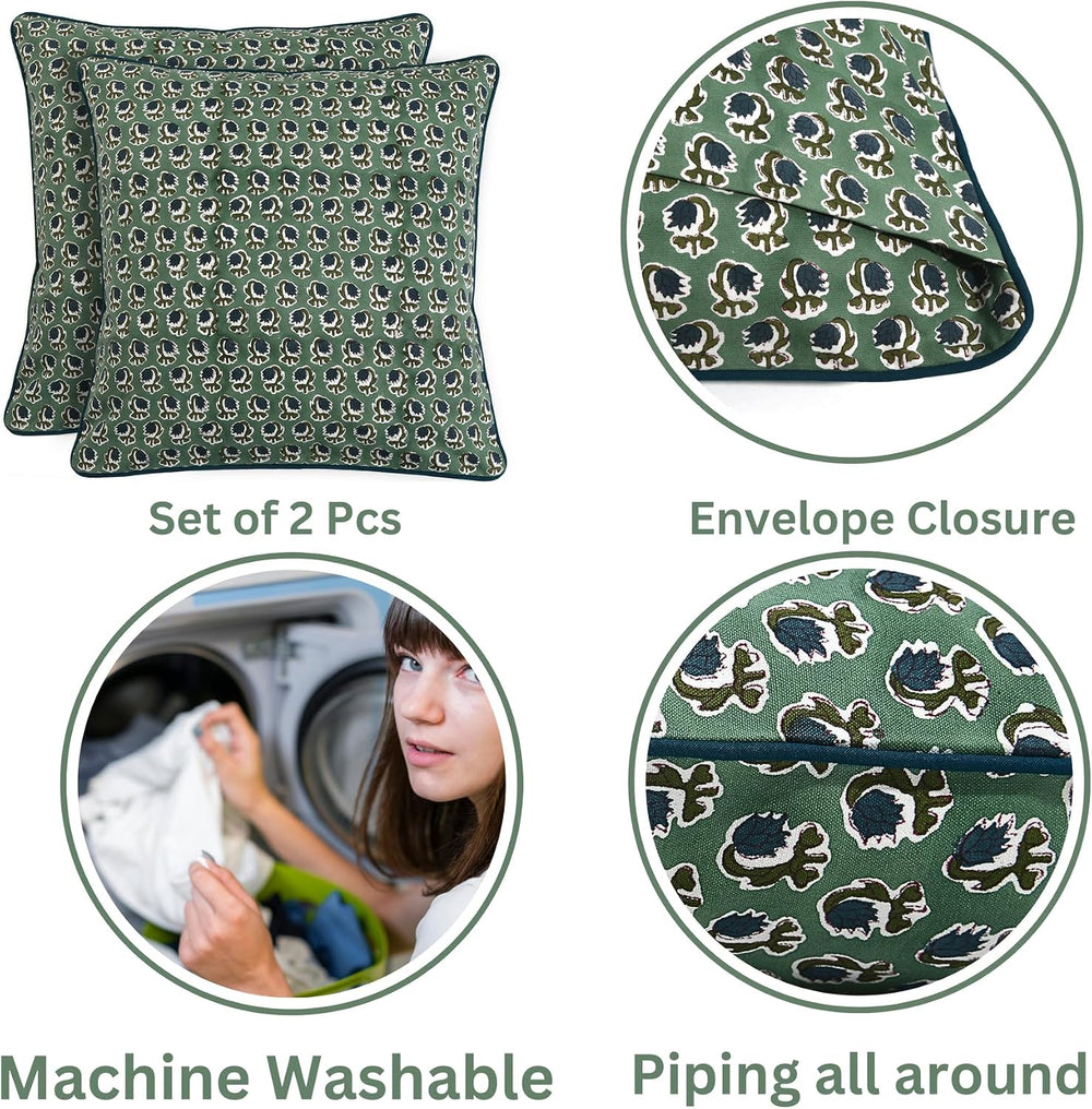 Ridhi Basil Green Hand Block Print Cotton Pillow Cover 18x18 Inch Set of 2