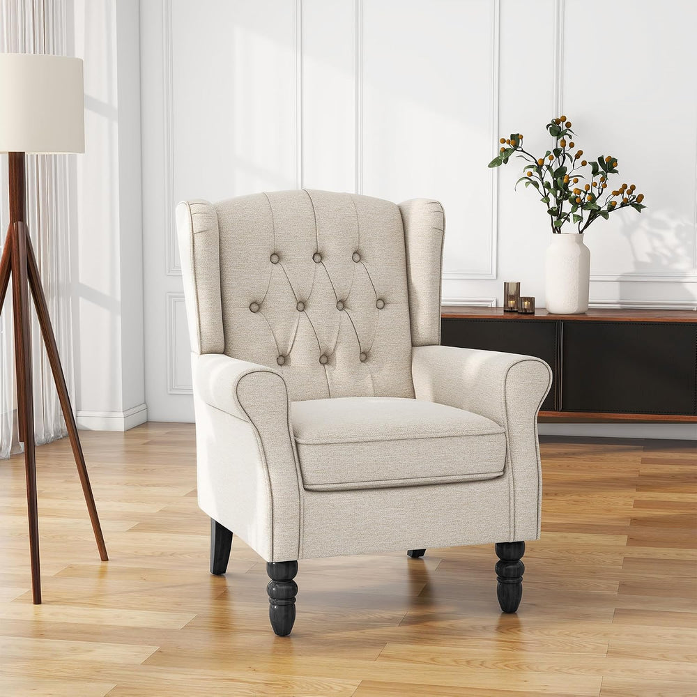 High Back Accent Chairs Set of 2, Wingback Armchair in Fabric, Beige